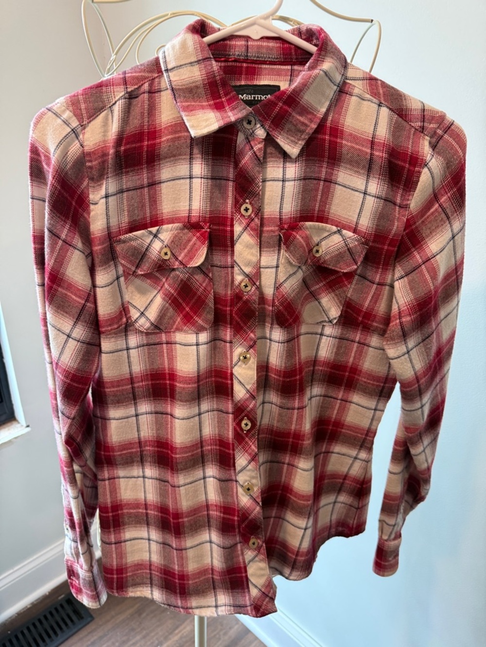 Marmot Red and Cream Plaid Button-Up Flannel Shirt